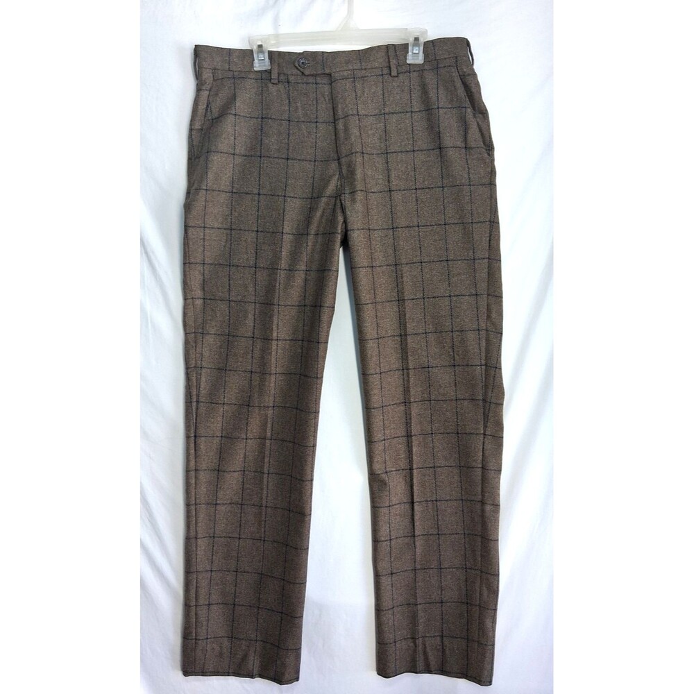 Berle Pants Mens 36x31 Brown Plaid Wool Slacks Business Workwear Academia